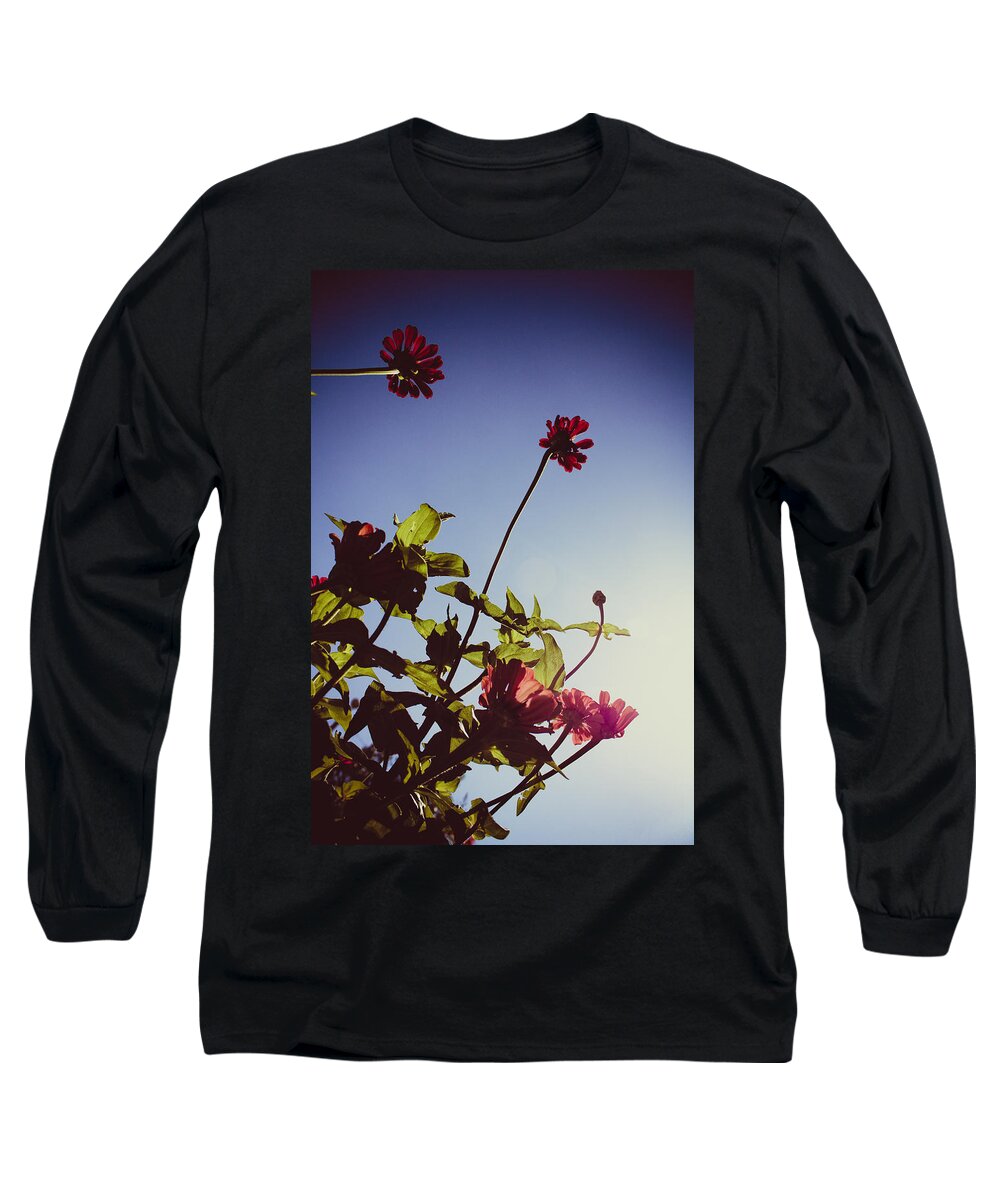 Zinnia Elegans Long Sleeve T-Shirt featuring the photograph Pink and Red Zinnias, Blue Sky by W Craig Photography