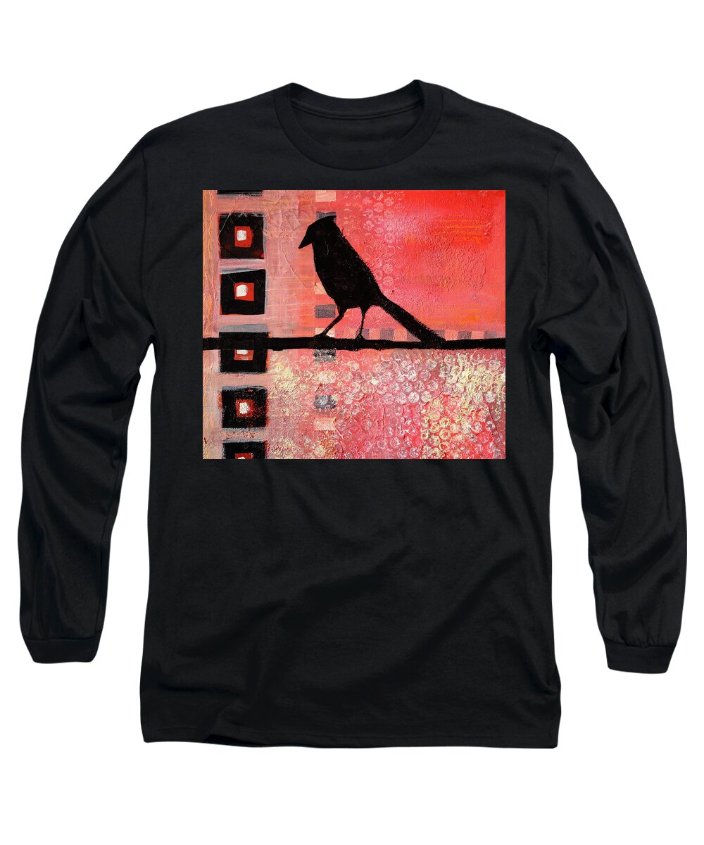 Pink And Black Long Sleeve T-Shirt featuring the painting Pink Crow Abstract by Nancy Merkle
