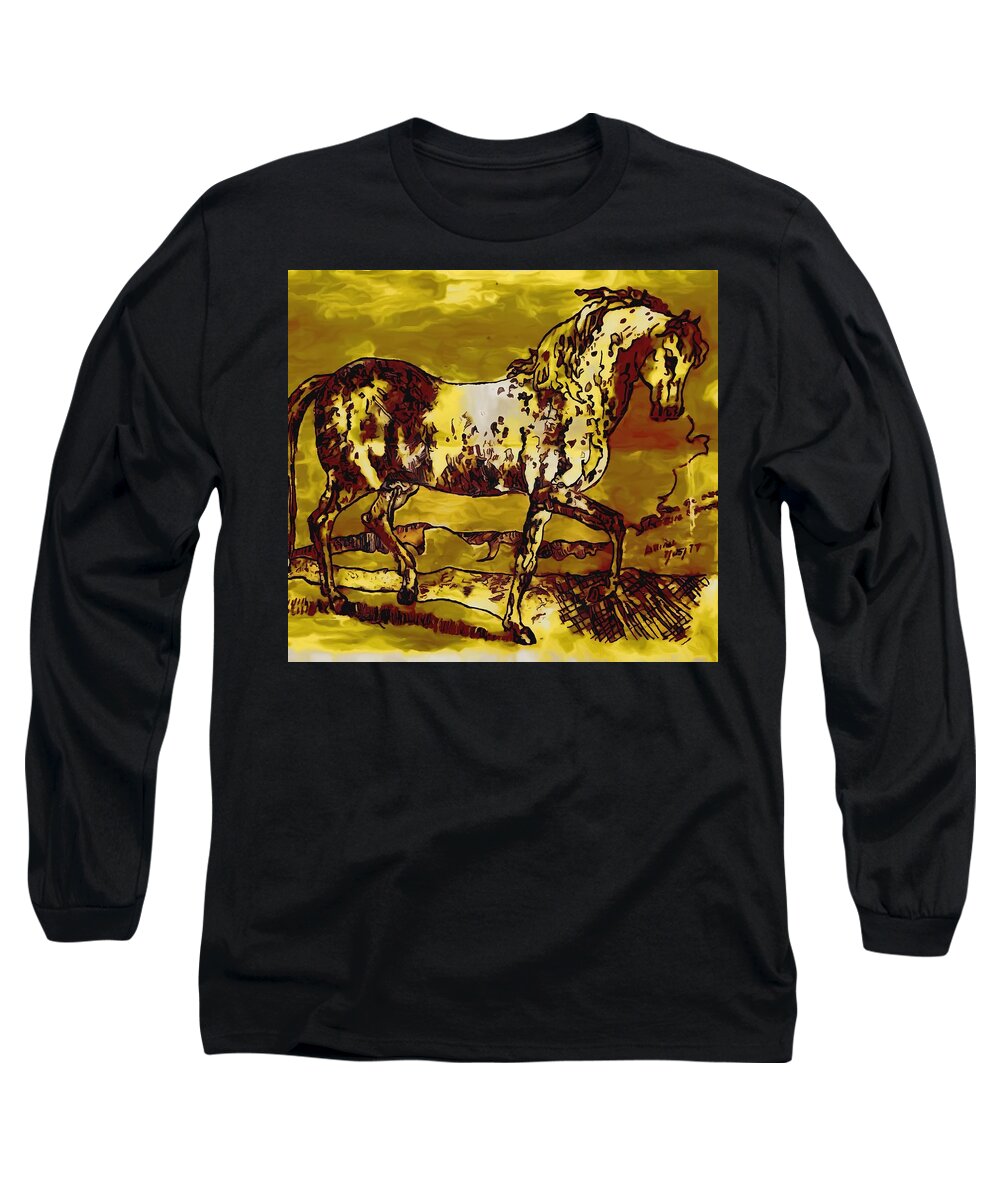 Paintings Of Horses Long Sleeve T-Shirt featuring the mixed media Portreture Horsereture by Bencasso Barnesquiat