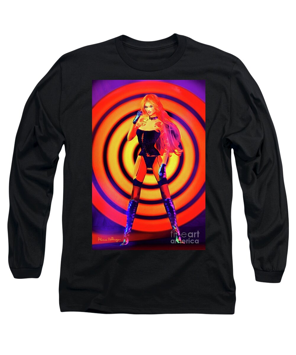 Pin-up Long Sleeve T-Shirt featuring the digital art Psychedelic Hypnotic Pin-Up Girl by Alicia Hollinger