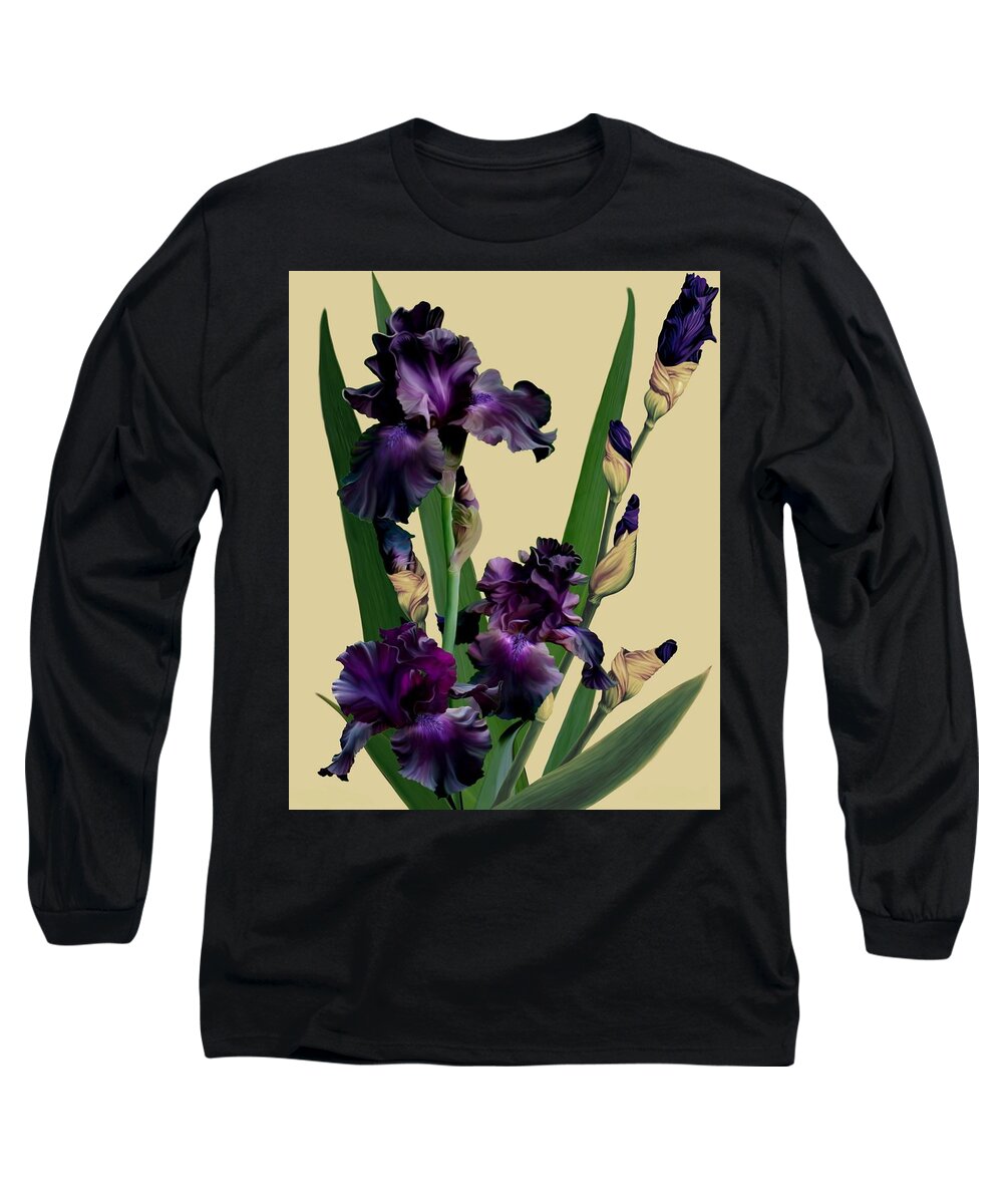 Nearly Black Iris Long Sleeve T-Shirt featuring the mixed media Raven Girl Iris by Anthony Seeker