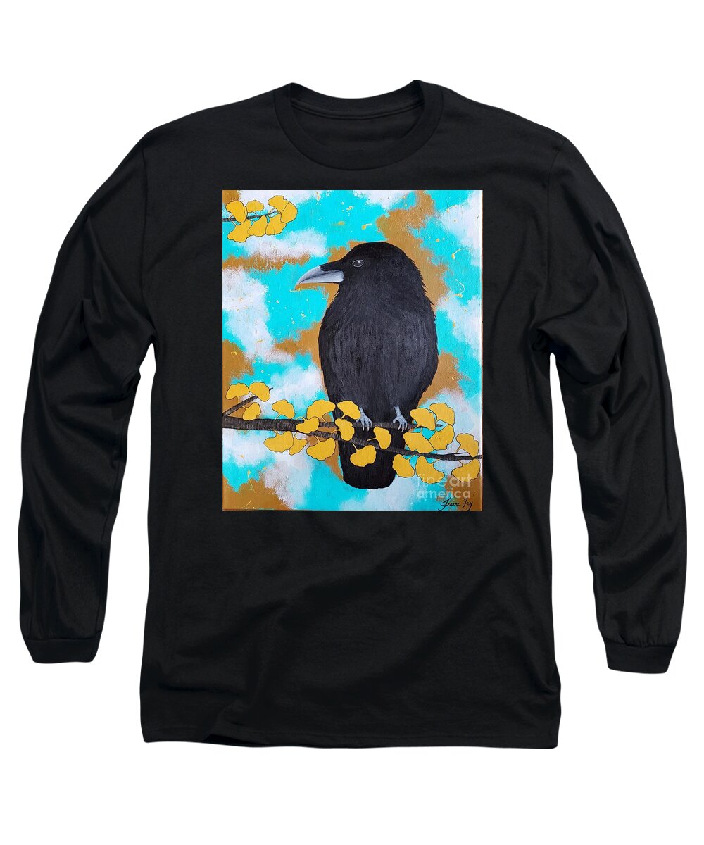 Raven Long Sleeve T-Shirt featuring the painting Raven in the Ginkgo Winds by Jean Fry