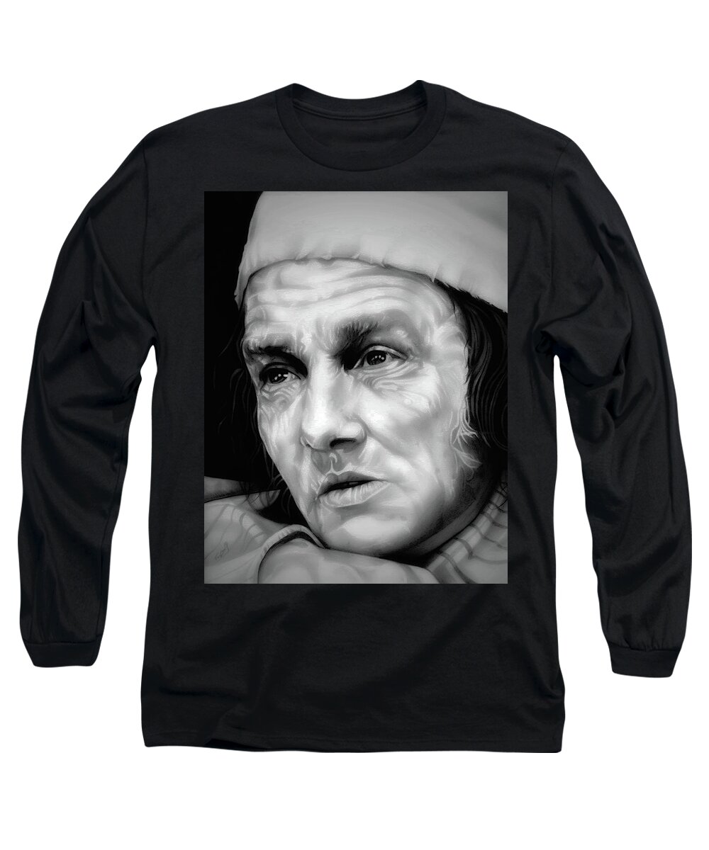 Albert Finney Long Sleeve T-Shirt featuring the drawing Regret - Scrooge - Albert Finney - BW Edition by Fred Larucci