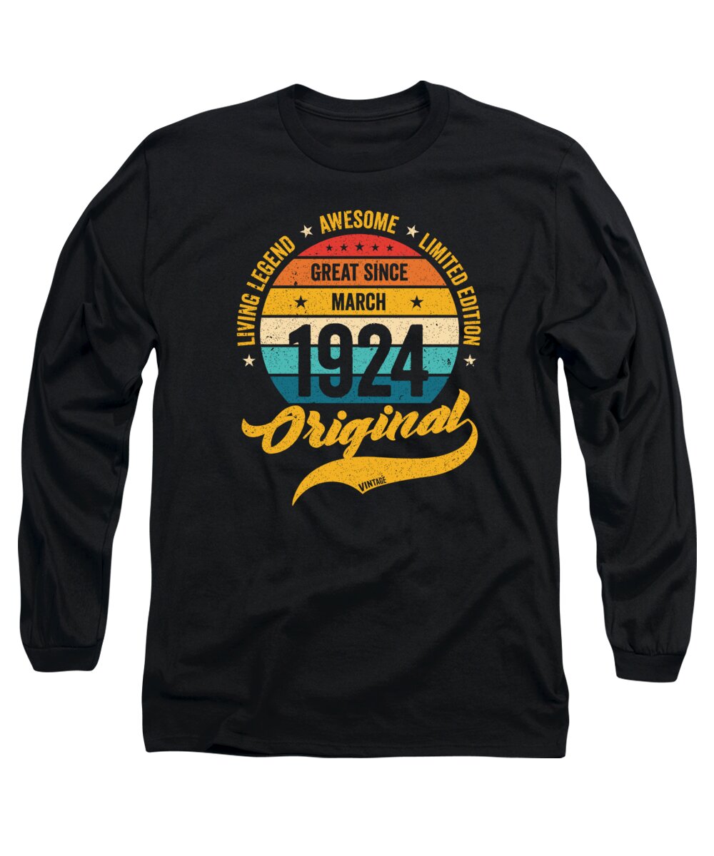 100th Bday Long Sleeve T-Shirt featuring the digital art Retro 100 Years March 1924 Birthday Vintage Bday Classic by Toms Tee Store