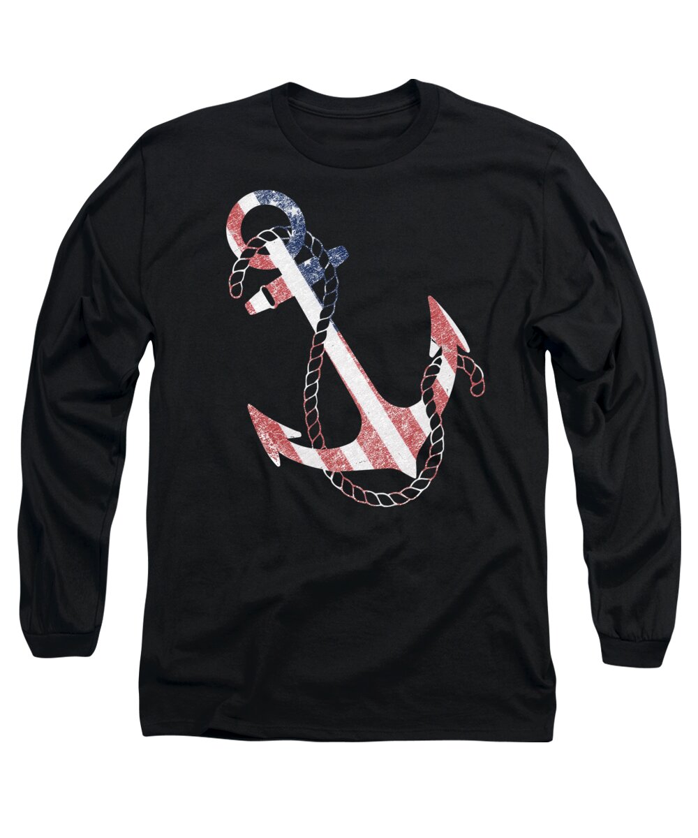 Funny Long Sleeve T-Shirt featuring the digital art Retro USA Flag Anchor by Flippin Sweet Gear