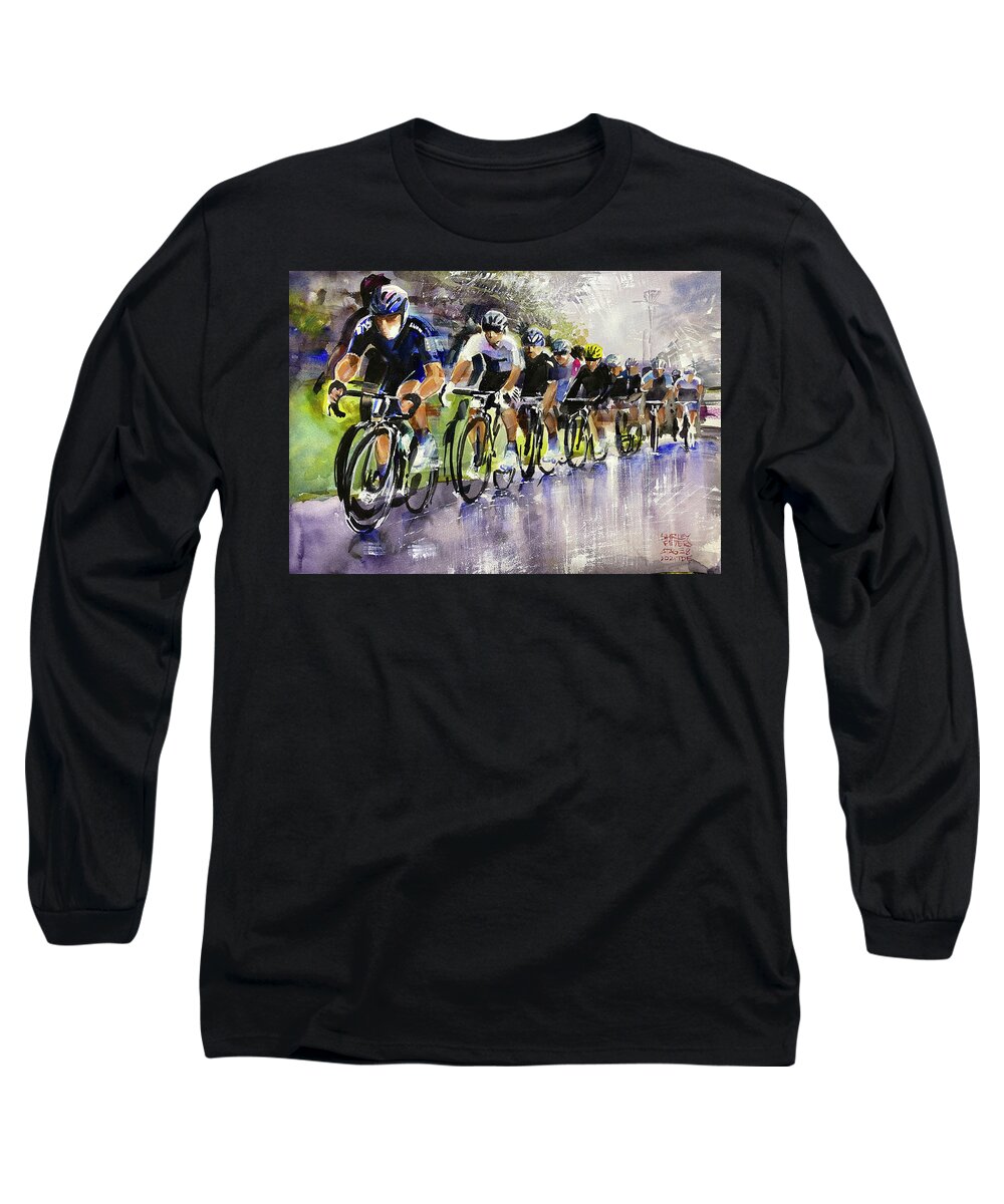 Le Tour De France Long Sleeve T-Shirt featuring the painting Richie Porte in the Rain Stage 8 TDF2021 by Shirley Peters