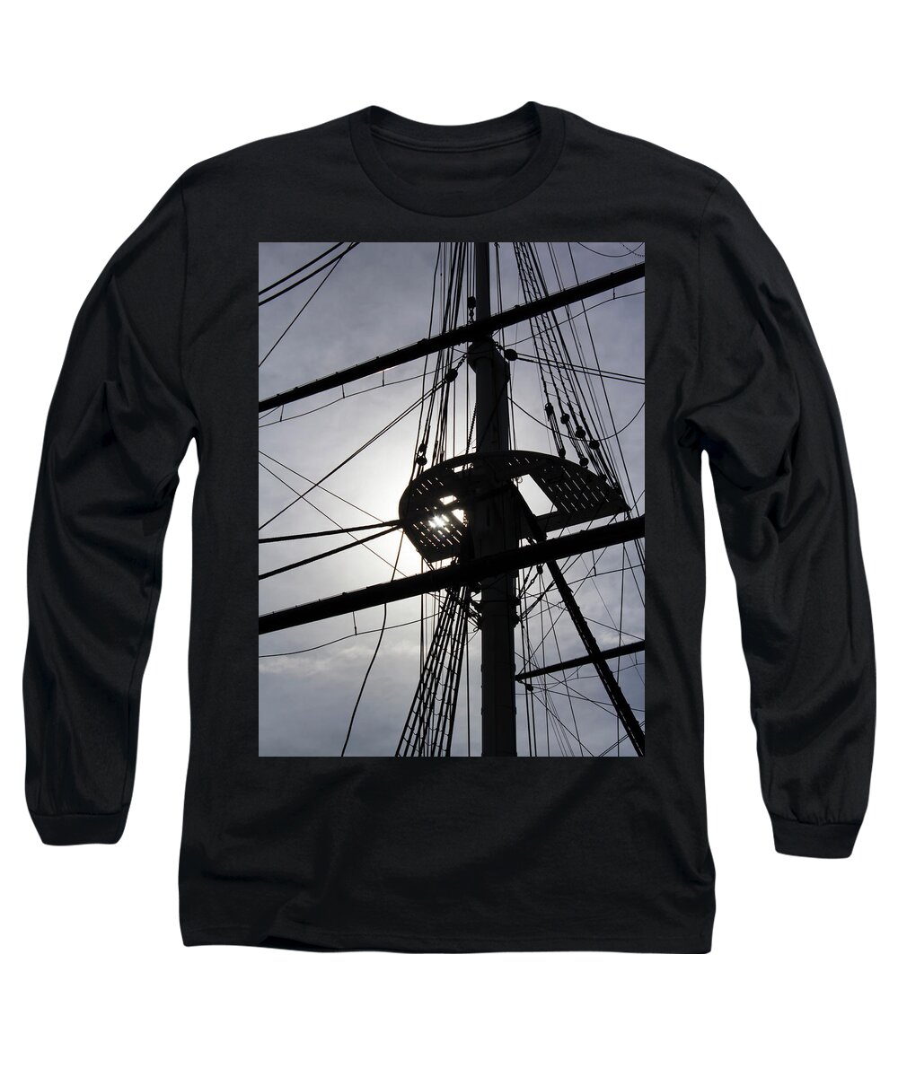Backlit Long Sleeve T-Shirt featuring the photograph Sailing ship rigging backlit by sun by Charles Floyd