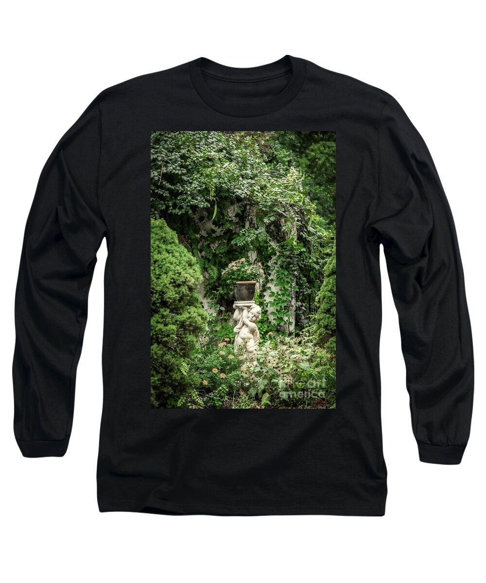 Romance Long Sleeve T-Shirt featuring the photograph Secret Garden With Cupid by Susan Vineyard