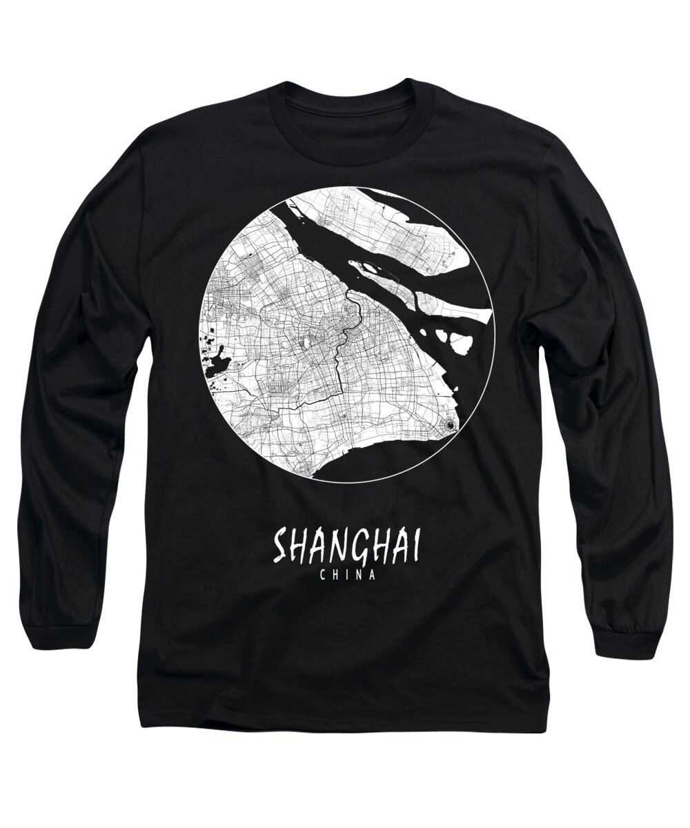 Shanghai Long Sleeve T-Shirt featuring the digital art Shanghai China City Map - Full Moon Asian Metropolis Of Cultural Fusion by DNT Prints