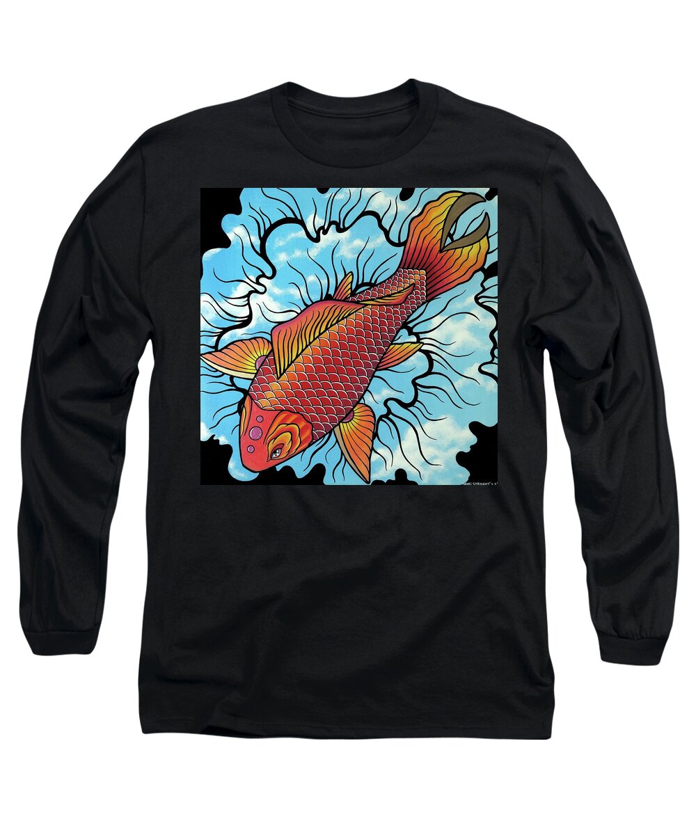Thought Flower Koi Fish Sky Blue Bold Gold Long Sleeve T-Shirt featuring the painting Sky Koi by Bryon Stewart