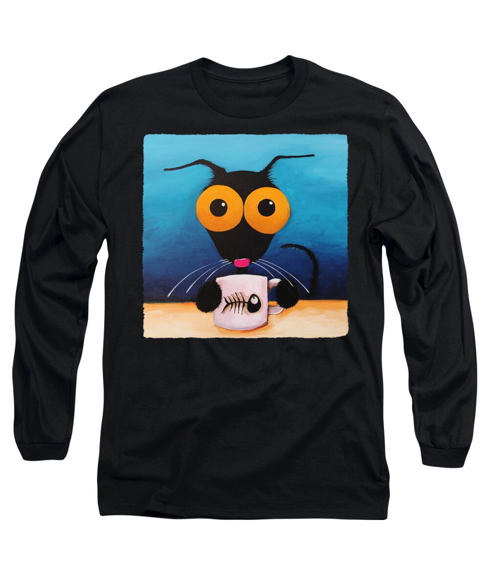 Stressie Cat Long Sleeve T-Shirt featuring the painting Smells like coffee by Lucia Stewart