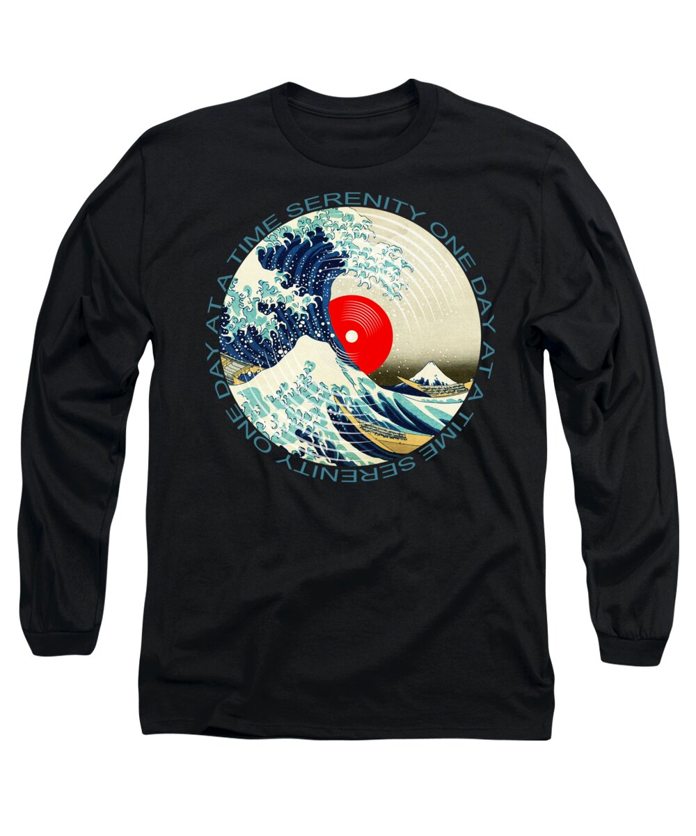 Sobriety Long Sleeve T-Shirt featuring the painting Sobriety Serenity One Day At A Time AA Sober Tee Tees T-Shirt Great Wave by Tony Rubino
