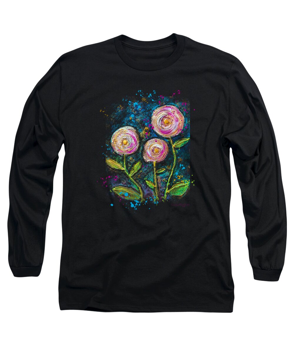 Starry Night Long Sleeve T-Shirt featuring the mixed media Starry Floral Night by Joanne Herrmann