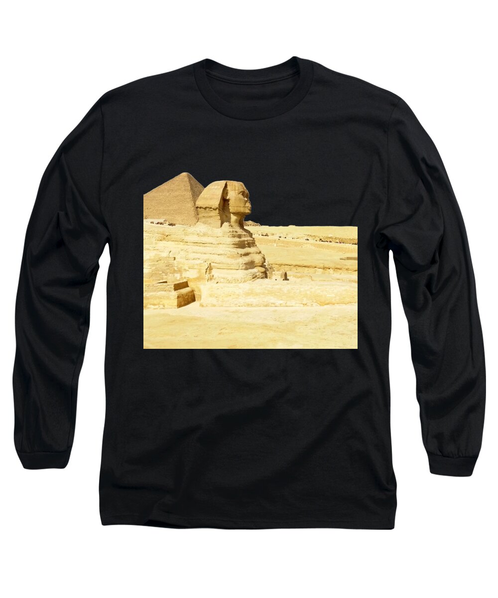 Pyramid Long Sleeve T-Shirt featuring the photograph Stone Face with Pyramid by Munir Alawi