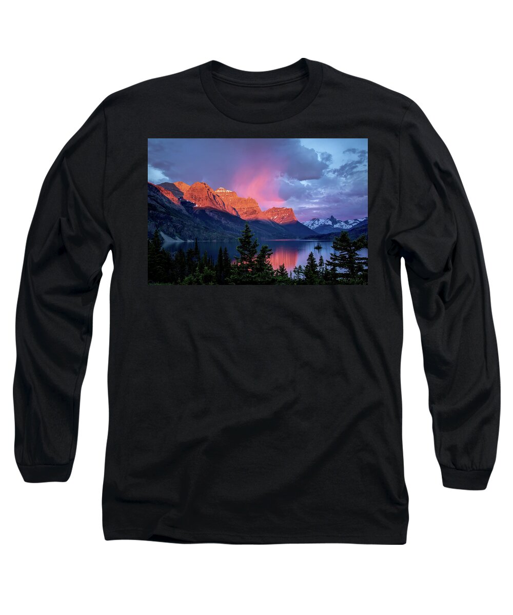 Dawn Long Sleeve T-Shirt featuring the photograph Sun Greets the Mountains at St. Mary Lake by Jack Bell