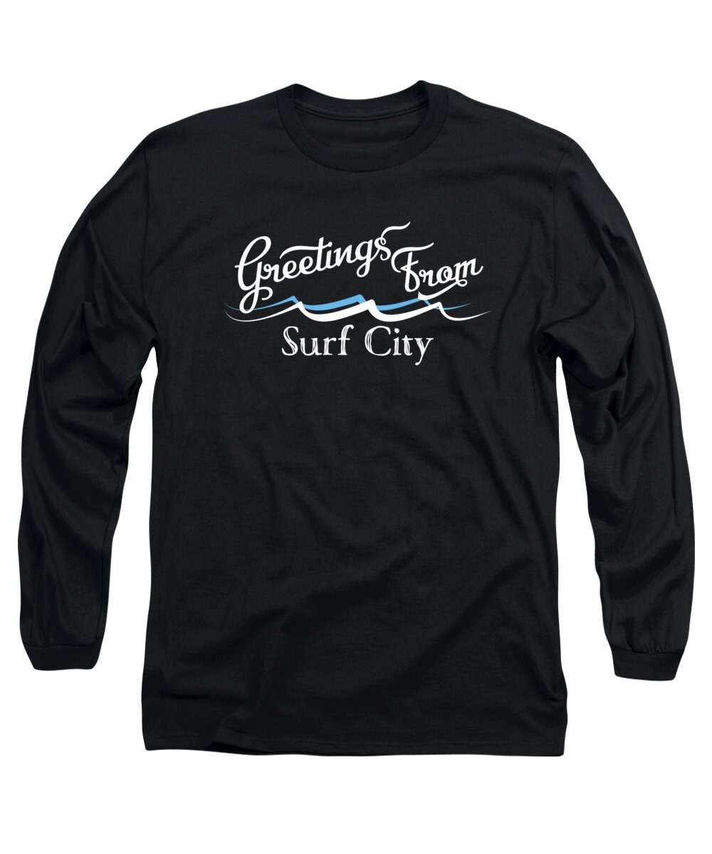 Surf City Long Sleeve T-Shirt featuring the digital art Surf City Water Waves by Flo Karp