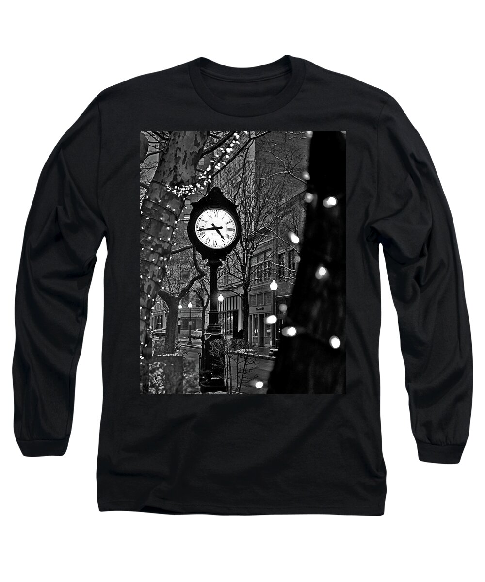 Charleston Long Sleeve T-Shirt featuring the photograph Suspended in Time with Strings of Lights and the Timepiece that Still Stands by Lisa Lambert-Shank