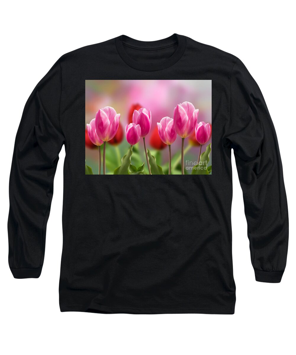 Pink Tulips Long Sleeve T-Shirt featuring the pyrography Tall Tulips by Morag Bates