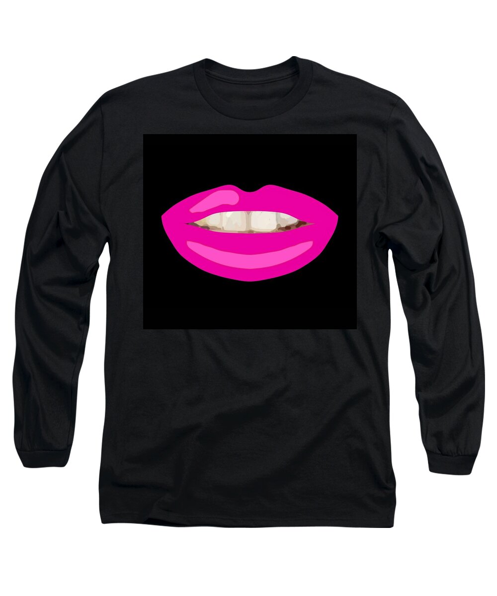 Lips Long Sleeve T-Shirt featuring the drawing Teeth Smile Hot Pink Lips Black BG Novelty Face Mask by Joan Stratton