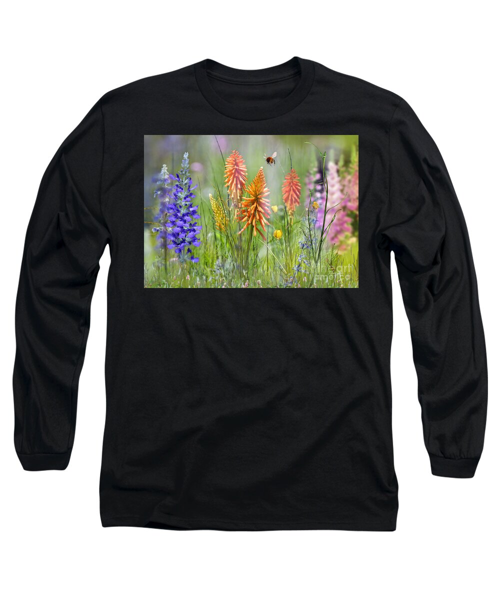 Bee Long Sleeve T-Shirt featuring the mixed media The Flight of the Bumblebee by Morag Bates