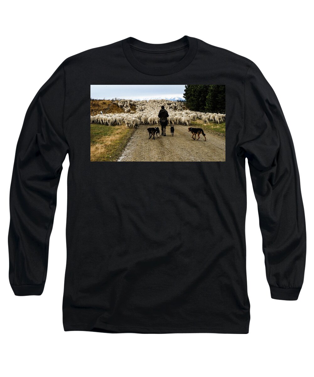 New Zealand Long Sleeve T-Shirt featuring the photograph While Shepherds Watched - High Country Muster, South Island, New Zealand by Earth And Spirit