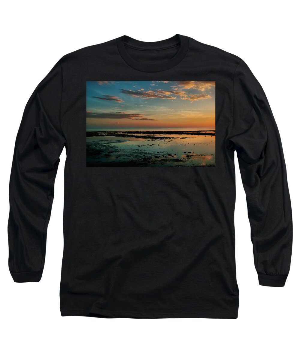 Sunset Sun Seascape Landscape Colorful Sky Dramatic Tranquility Clouds Reflections Orange Blue White Long Sleeve T-Shirt featuring the photograph Tranquility by Montez Kerr