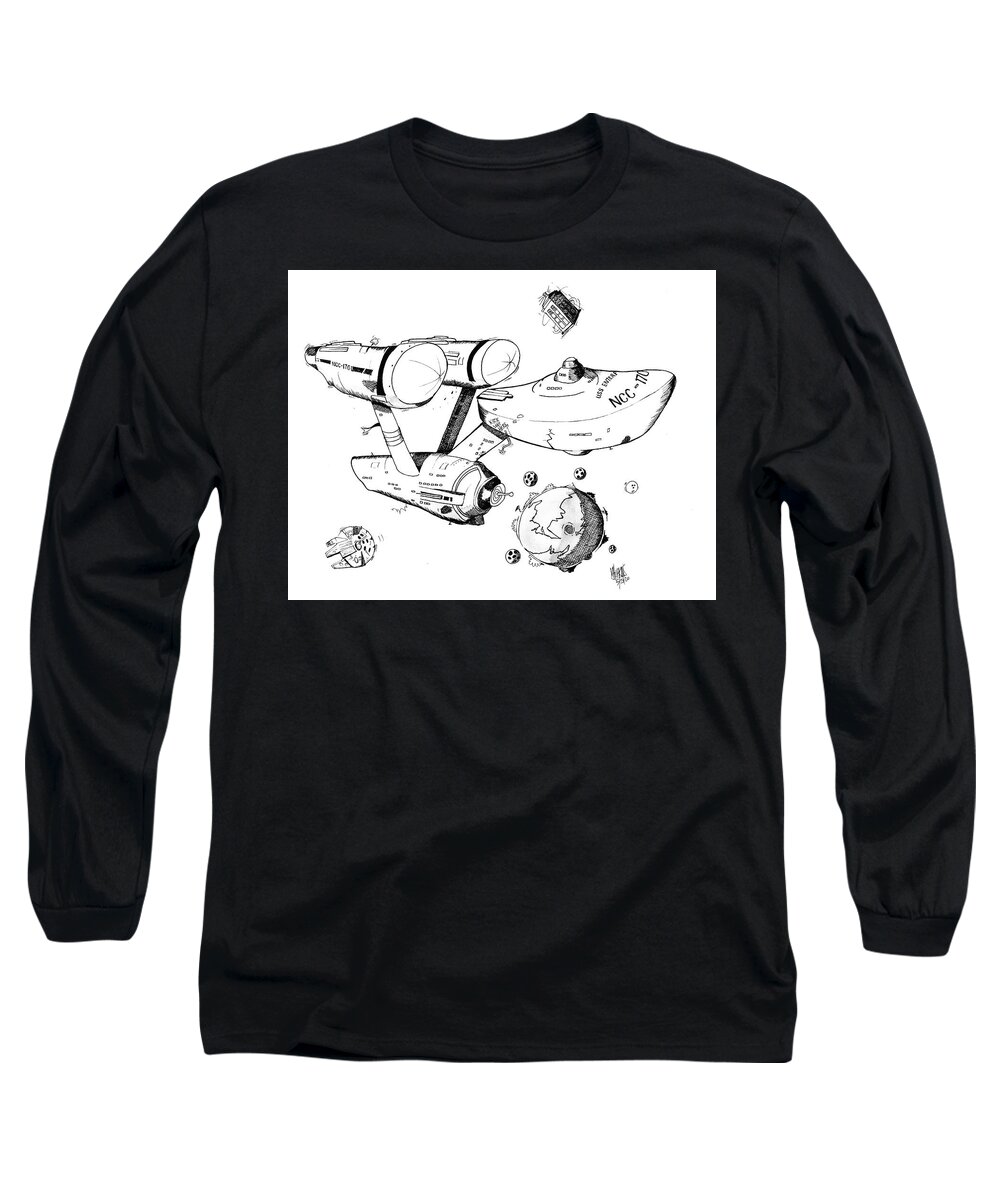Star Trek Long Sleeve T-Shirt featuring the drawing Trek Black and White by Michael Hopkins