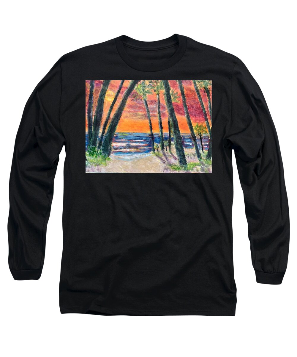 Caribbean Long Sleeve T-Shirt featuring the painting Tropical sunset by Anne Sands