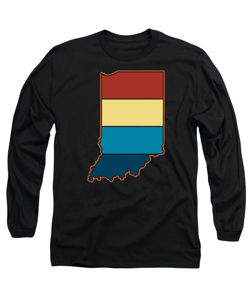 State Of Indiana Long Sleeve T-Shirt featuring the digital art US state of Indiana sunset retro map of indiana by Norman W
