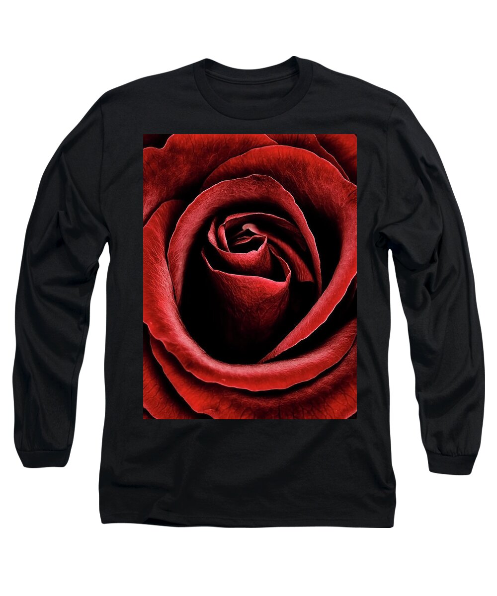 Velvet Red Rose Flower Beauty Beautiful Delightful Shining From Dark Proud Black Fantastic Vivid Vibrant Colour Colourful Color Colorful Poetic Magical Macro Impressive Impression Contrast Floral Still-life Attractive  Long Sleeve T-Shirt featuring the photograph Velvet Red Rose by Tatiana Bogracheva