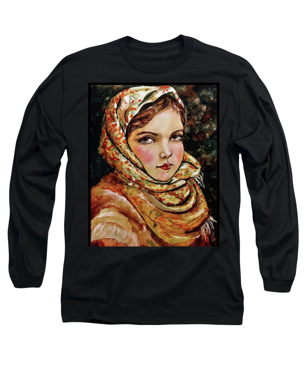 Girl Long Sleeve T-Shirt featuring the painting Village girl by Lana Sylber