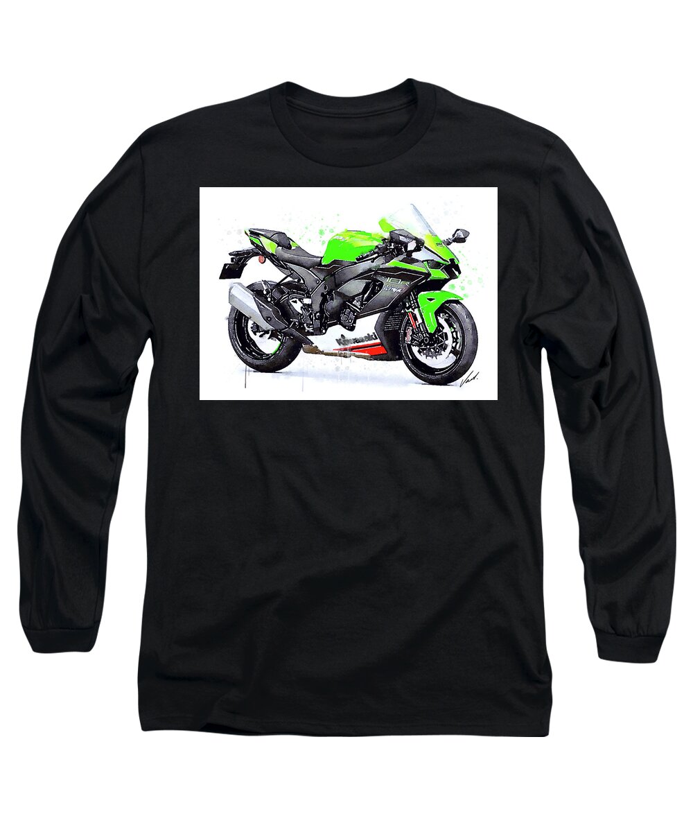 Sport Long Sleeve T-Shirt featuring the painting Watercolor Kawasaki Ninja ZX10R motorcycle - oryginal artwork by Va by Vart Studio