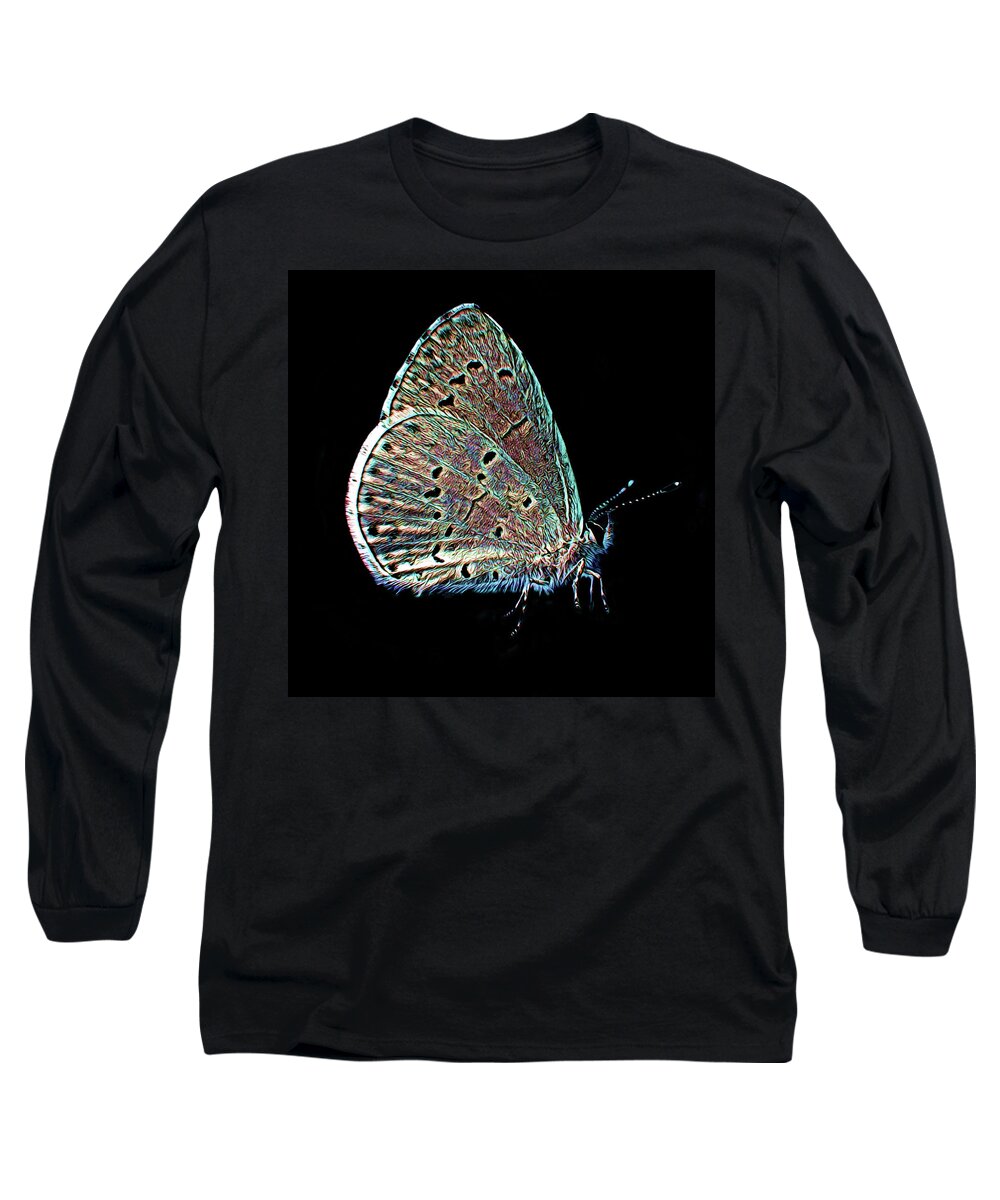Art Long Sleeve T-Shirt featuring the digital art Wild Butterfly on Black Background by Artful Oasis