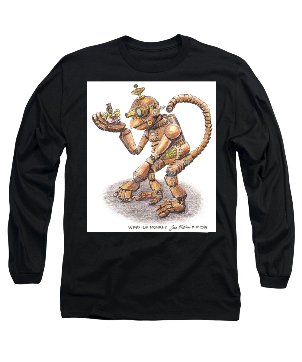 Steampunk Long Sleeve T-Shirt featuring the drawing Wind Up Monkey by Eric Haines