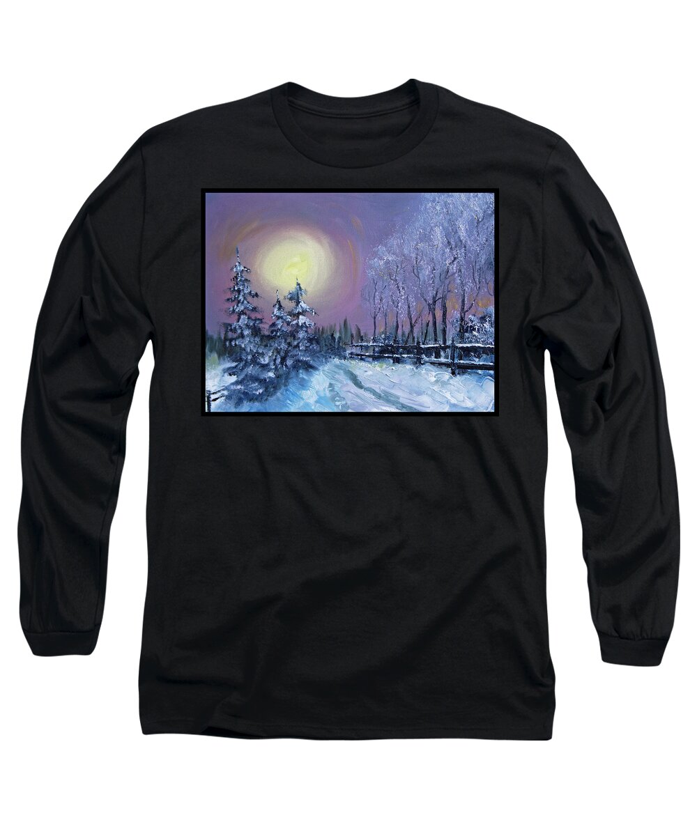 Snowy Landscape Long Sleeve T-Shirt featuring the painting Winter Road by Evelyn Snyder