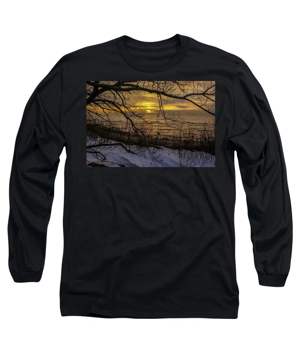 Lake Michigan Long Sleeve T-Shirt featuring the photograph Winter Sunrise Through the Branches by Deb Beausoleil