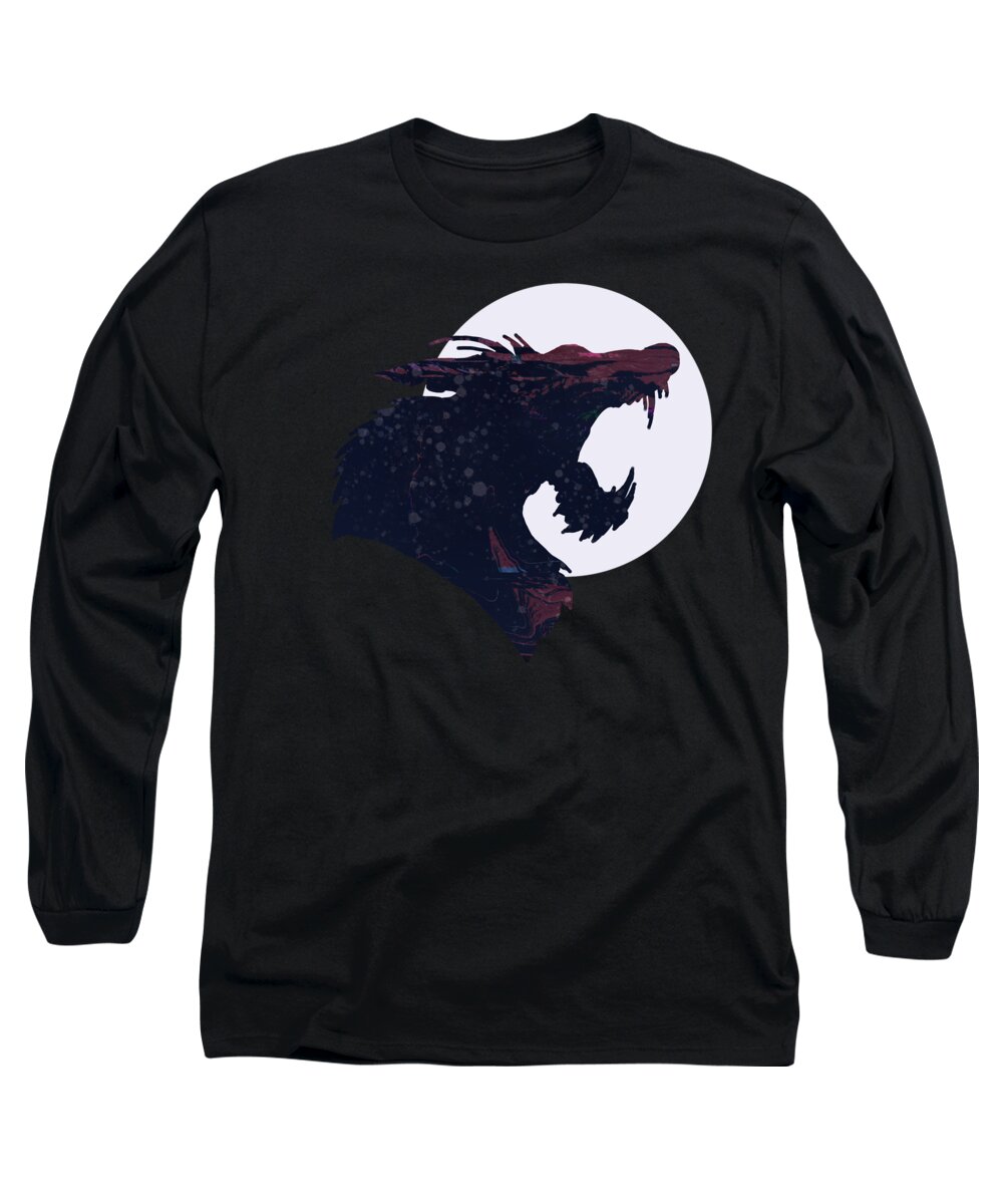 Wolf Long Sleeve T-Shirt featuring the mixed media Wolf Moon by Eileen Backman