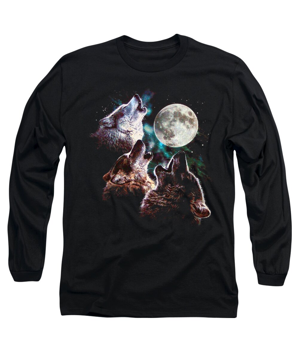 Wolf Long Sleeve T-Shirt featuring the digital art Wolfs Go To The Moon Gift by Tinh Tran Le Thanh