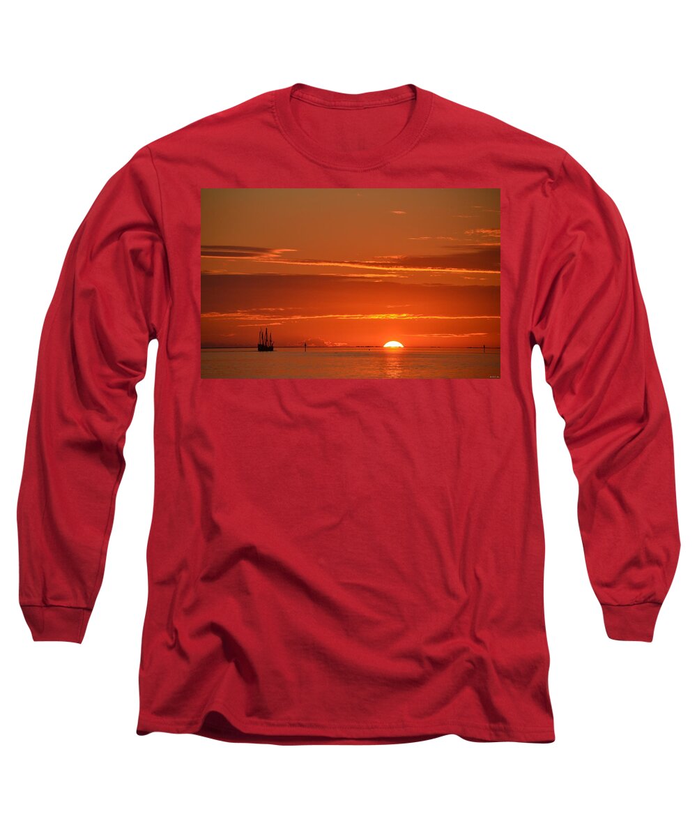 20120107 Long Sleeve T-Shirt featuring the photograph 0107 Christopher Columbus Sailing Ship Nina Sails Off Into The Sunset by Jeff at JSJ Photography