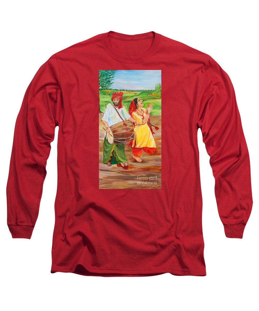 Vaisakhi Art Long Sleeve T-Shirt featuring the painting The Dhol Player by Sarabjit Singh
