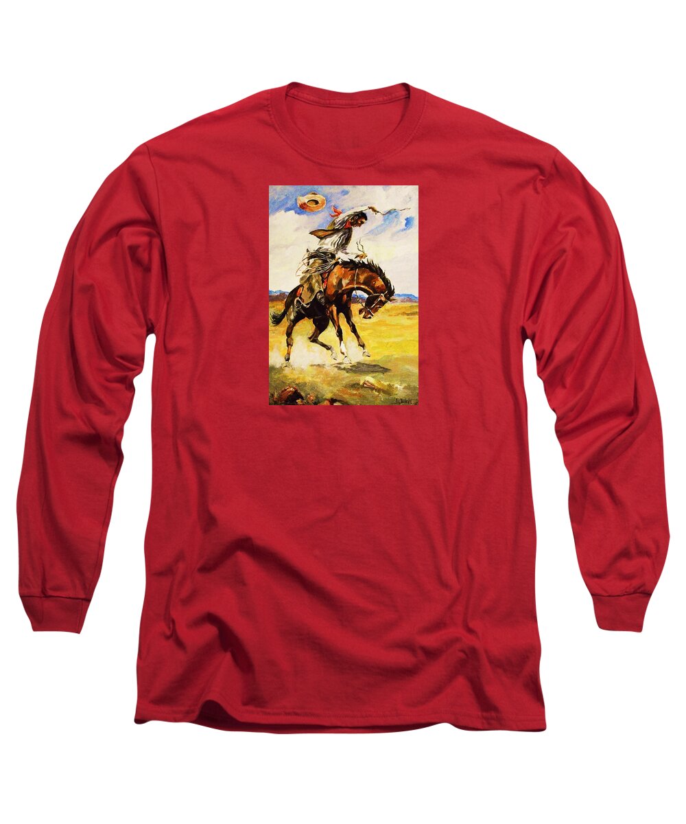Westerns Long Sleeve T-Shirt featuring the painting Bill Picket Taming a Bronc by Al Brown