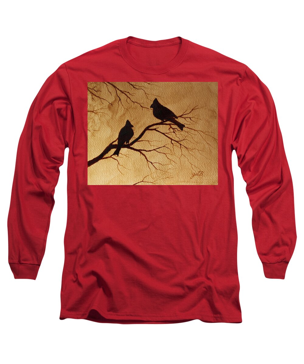 Cardinals Birds Coffee Art Long Sleeve T-Shirt featuring the painting Cardinals Silhouettes coffee painting by Georgeta Blanaru