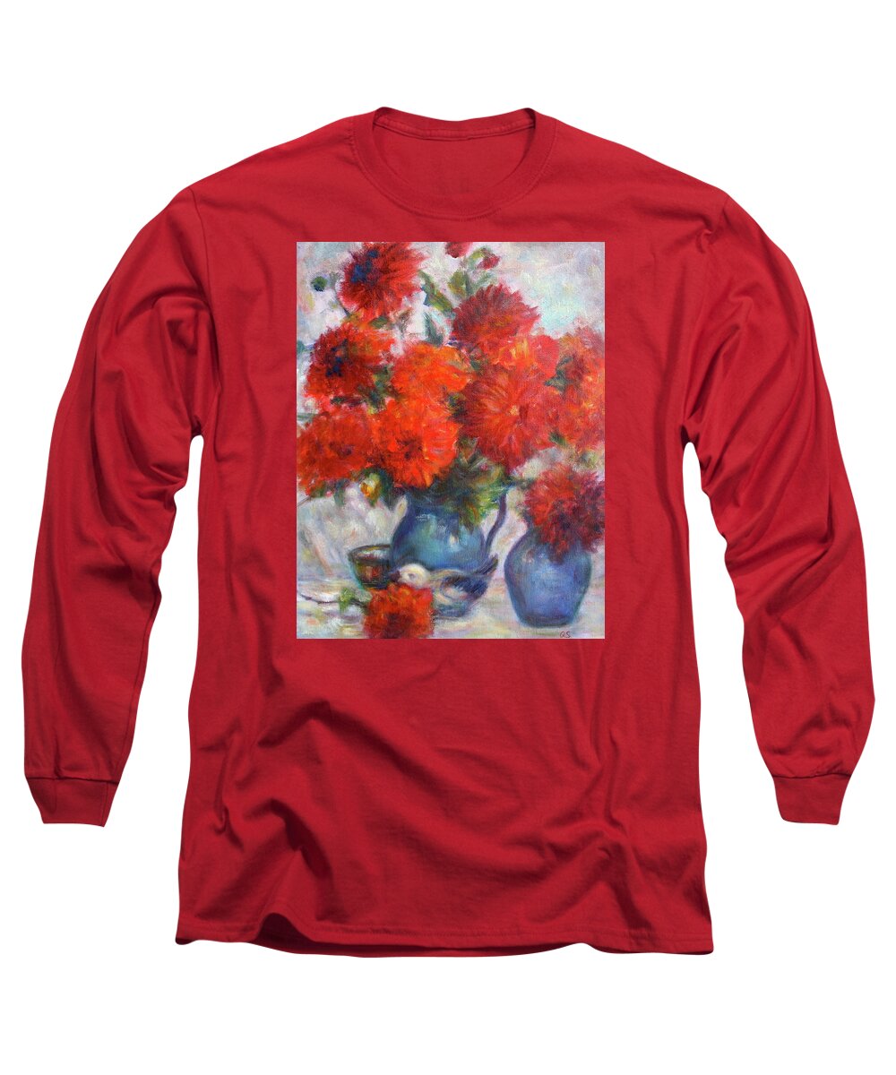 Passion Long Sleeve T-Shirt featuring the painting Dahlias in Complementary Original Impressionist Painting - Still-life - Vibrant - Contemporary by Quin Sweetman