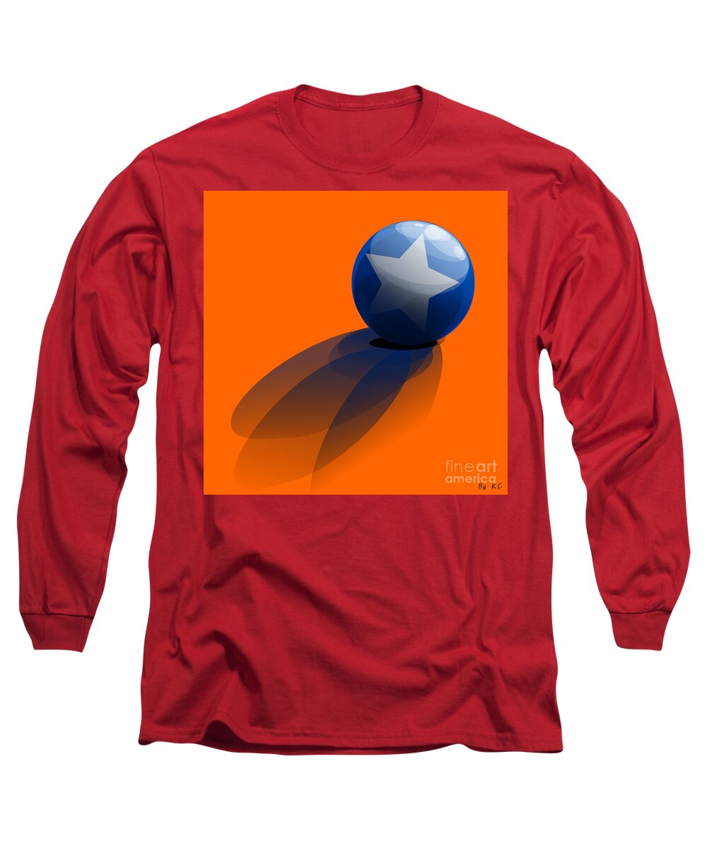 Orange Long Sleeve T-Shirt featuring the digital art Blue Ball decorated with star orange background by Vintage Collectables