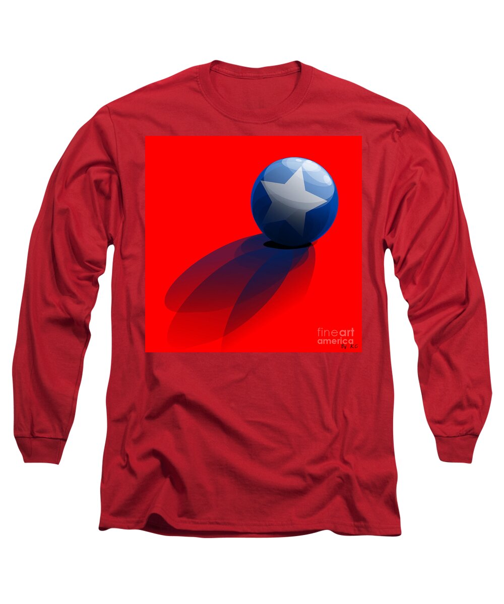 Red Long Sleeve T-Shirt featuring the digital art Blue Ball decorated with star red background by Vintage Collectables
