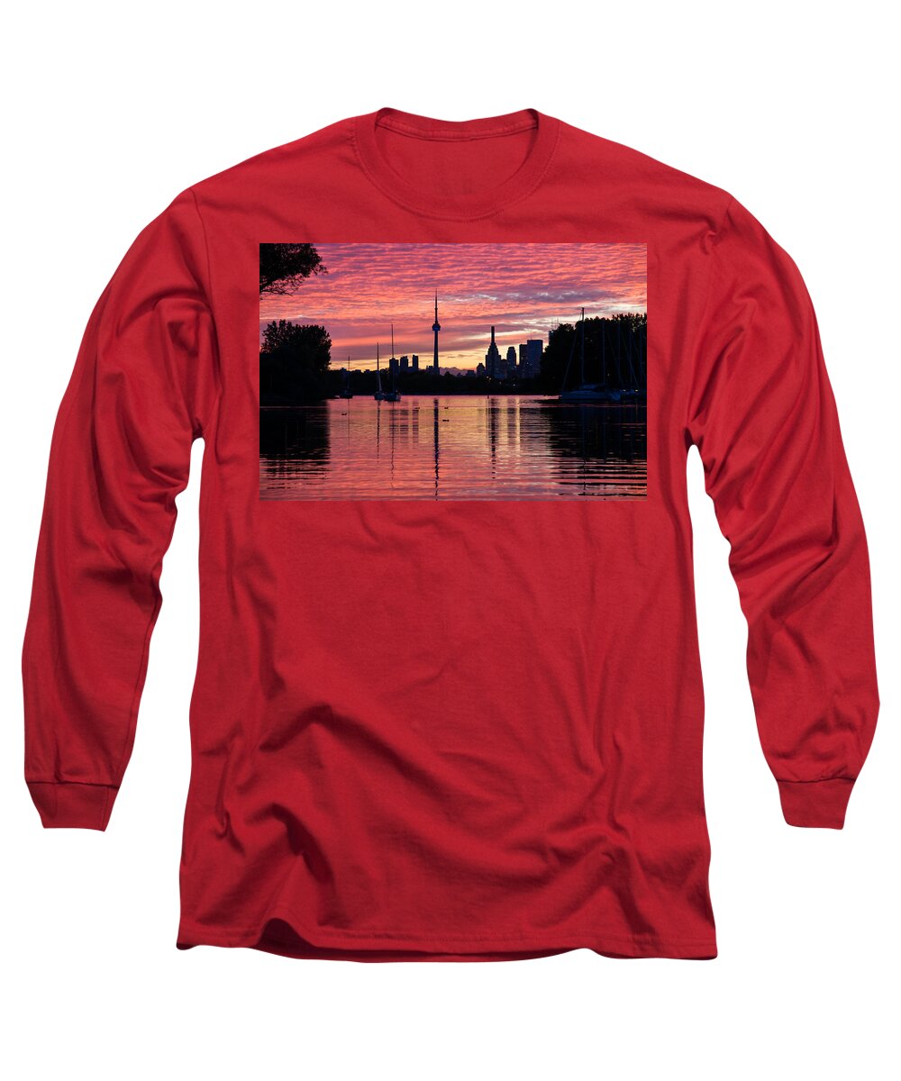 Toronto Long Sleeve T-Shirt featuring the photograph Fiery Sunset - Downtown Toronto Skyline with Sailboats by Georgia Mizuleva
