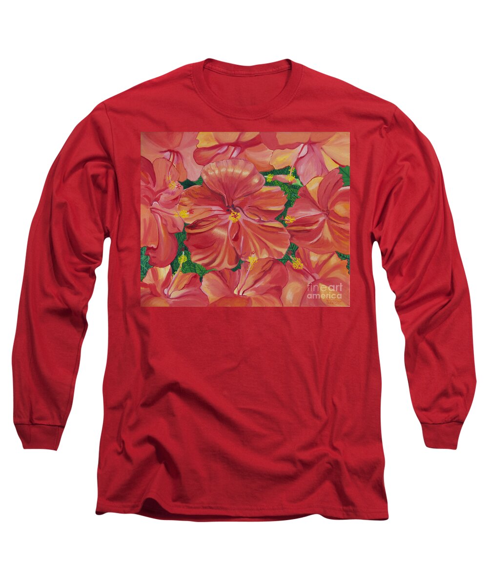 Hibiscus Long Sleeve T-Shirt featuring the painting Hibiscus by Annette M Stevenson