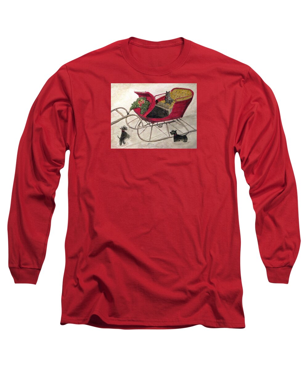 Scotties Long Sleeve T-Shirt featuring the painting Hoping For A Sleigh Ride by Angela Davies