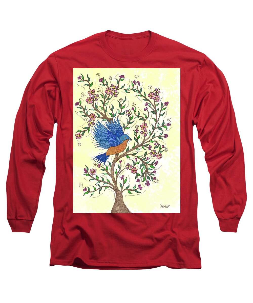 Bird Long Sleeve T-Shirt featuring the painting In The Garden - Bluebird by Susie WEBER