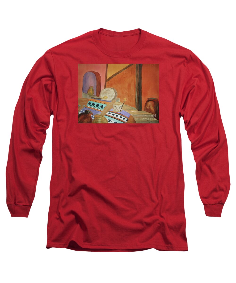 Still Life Long Sleeve T-Shirt featuring the painting Indian Blankets Jars and Drums by Ellen Levinson